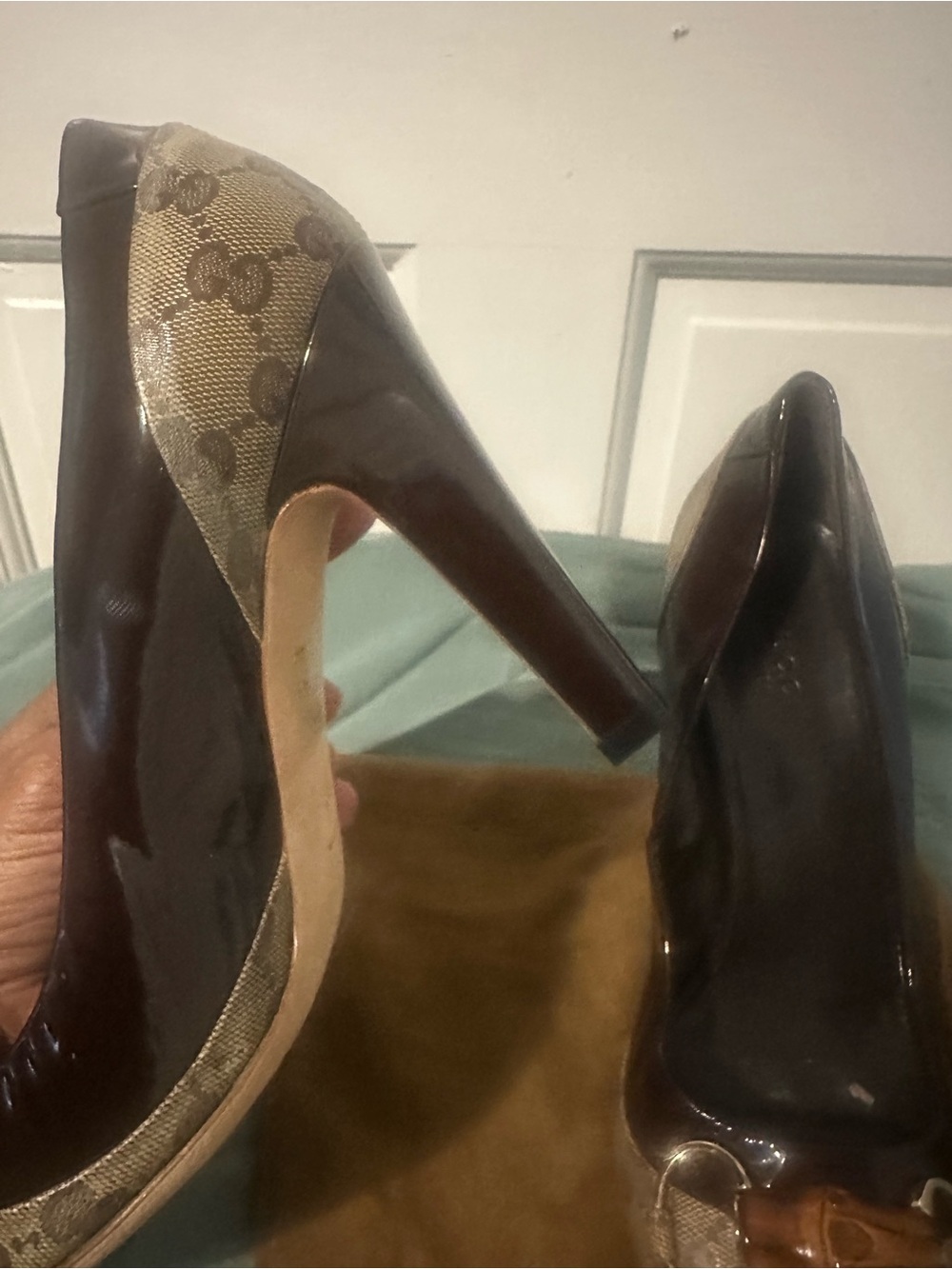 Gucci Brown and Tan Peep-Toe Heels with Bamboo Accent - Picture 6 of 8